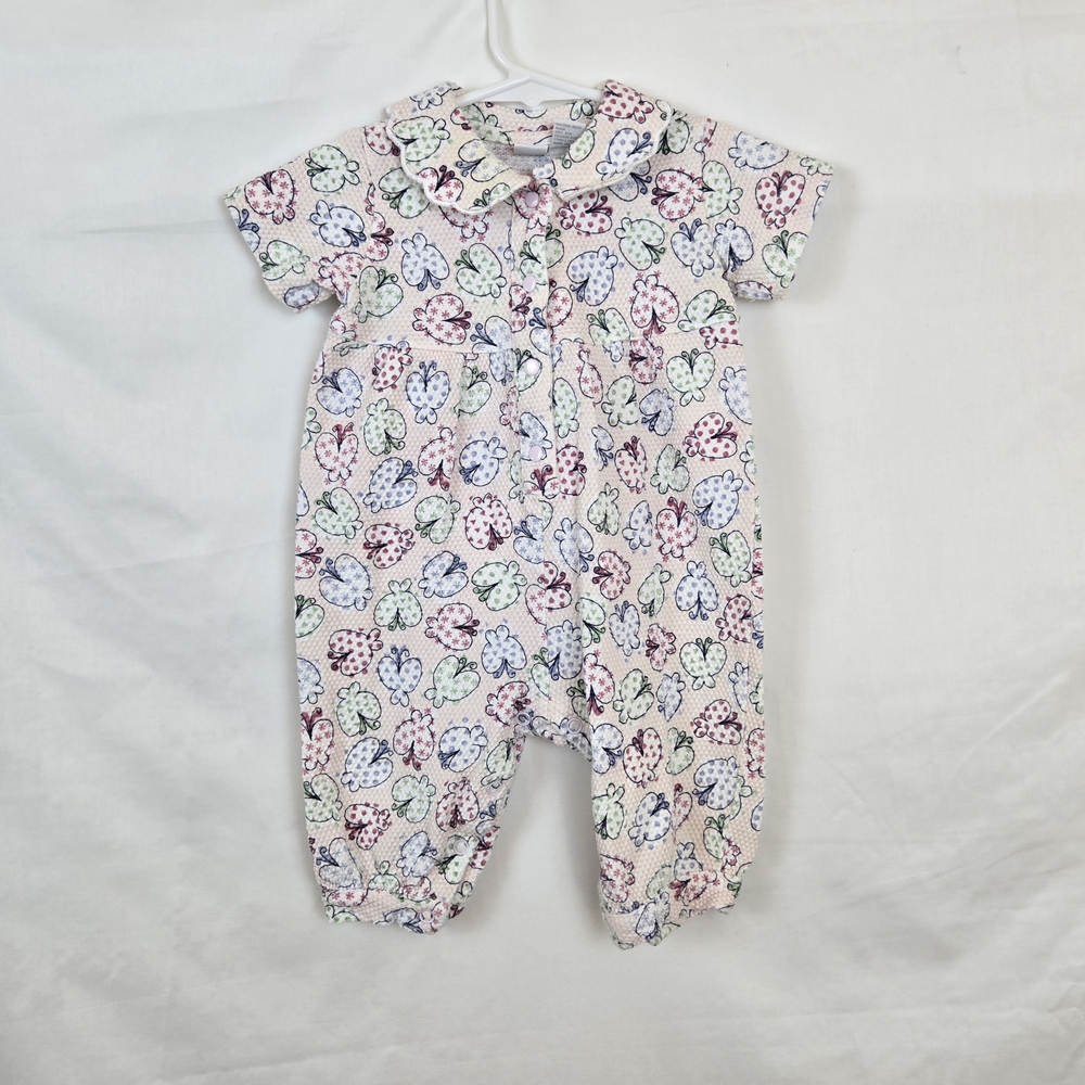 Talbots Kids Vtg Baby Girl Pink Multicolor Butterfly Peter Pan Collar Romper 6M